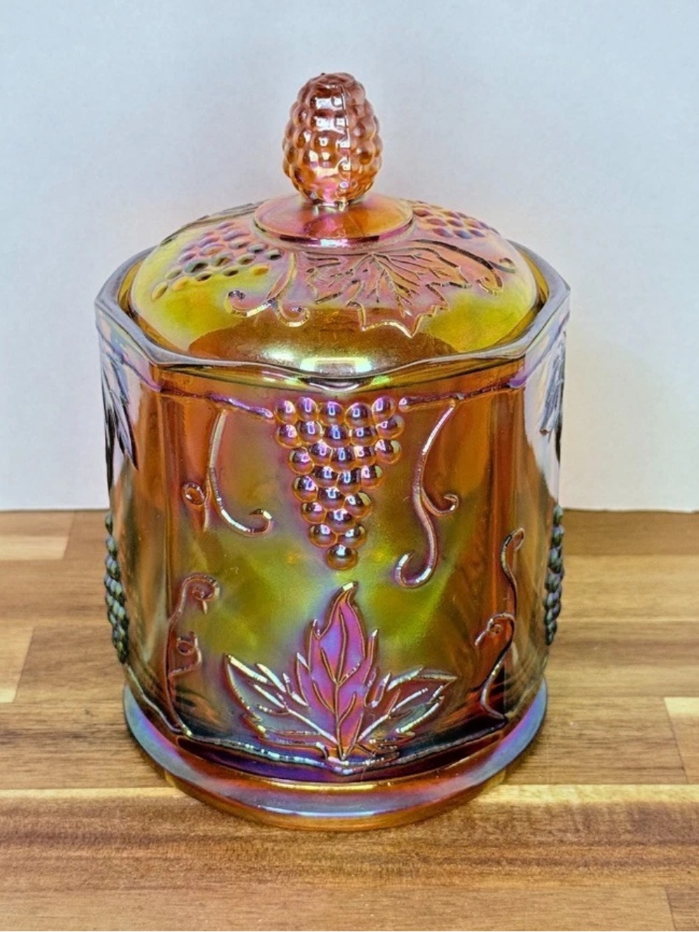 Iridescent Carnival Glass Candy Jar / Canister Grape Motif STUNNING PriceFirm